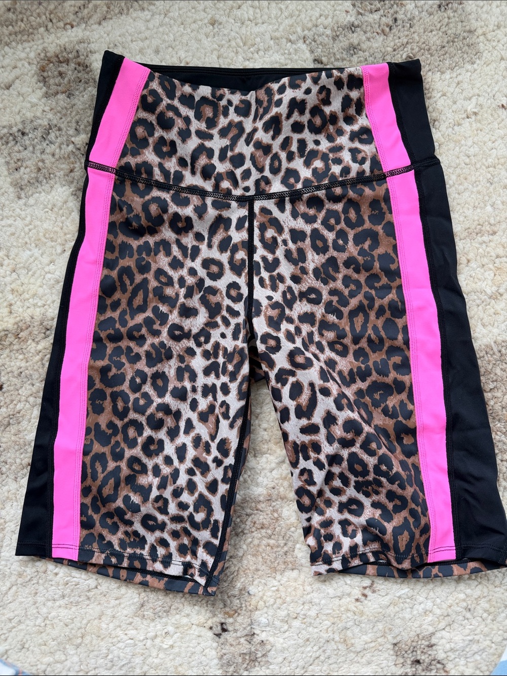 Veronica Beard Leopard Print Athletic Biker Shorts with Hot Pink Side Panels